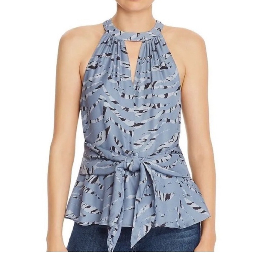 Parker Alice Womens Blouse Large Blue Zebra Tiger Silk Blend Halter Tie Front